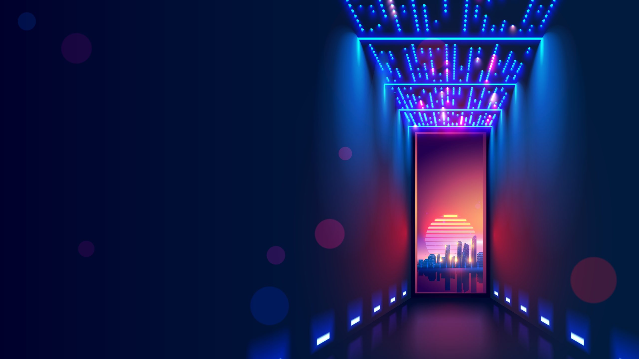 From reality to fiction shown as a futuristic passage leading to a glowing city