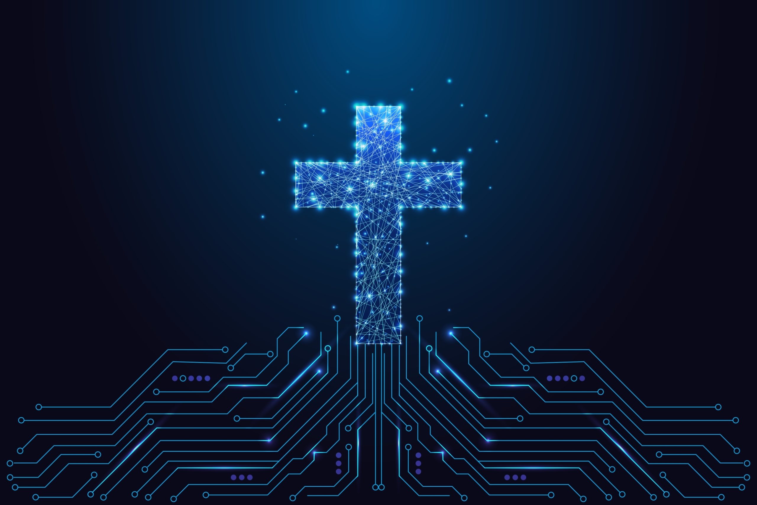 Glowing digital cross formed by neural network lines above circuit board representing AI and faith integration.