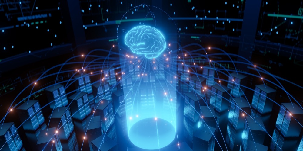 Glowing digital brain projecting data streams over servers symbolizing mind manipulation, artificial intelligence, and futuristic neurotechnology.
