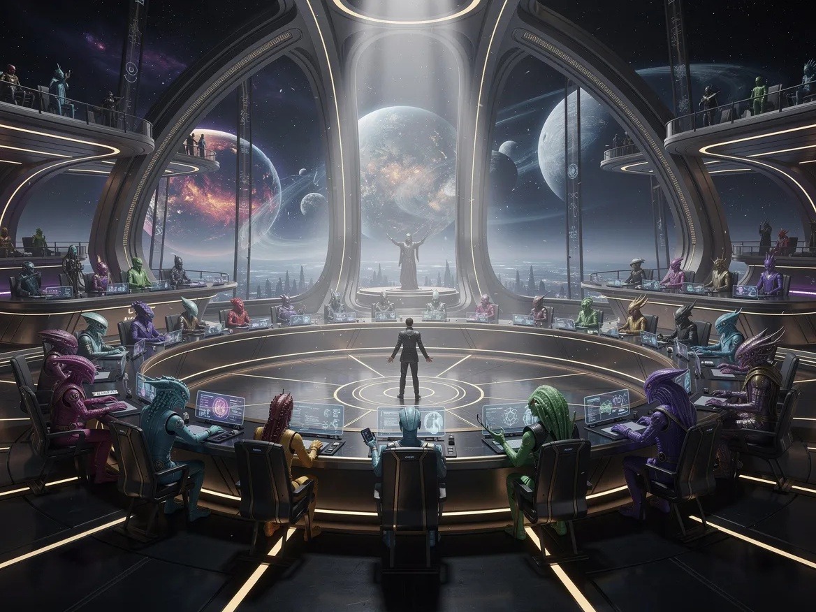 galactic council with alien leaders and human unifier in space showing leadership and unity in Myeem