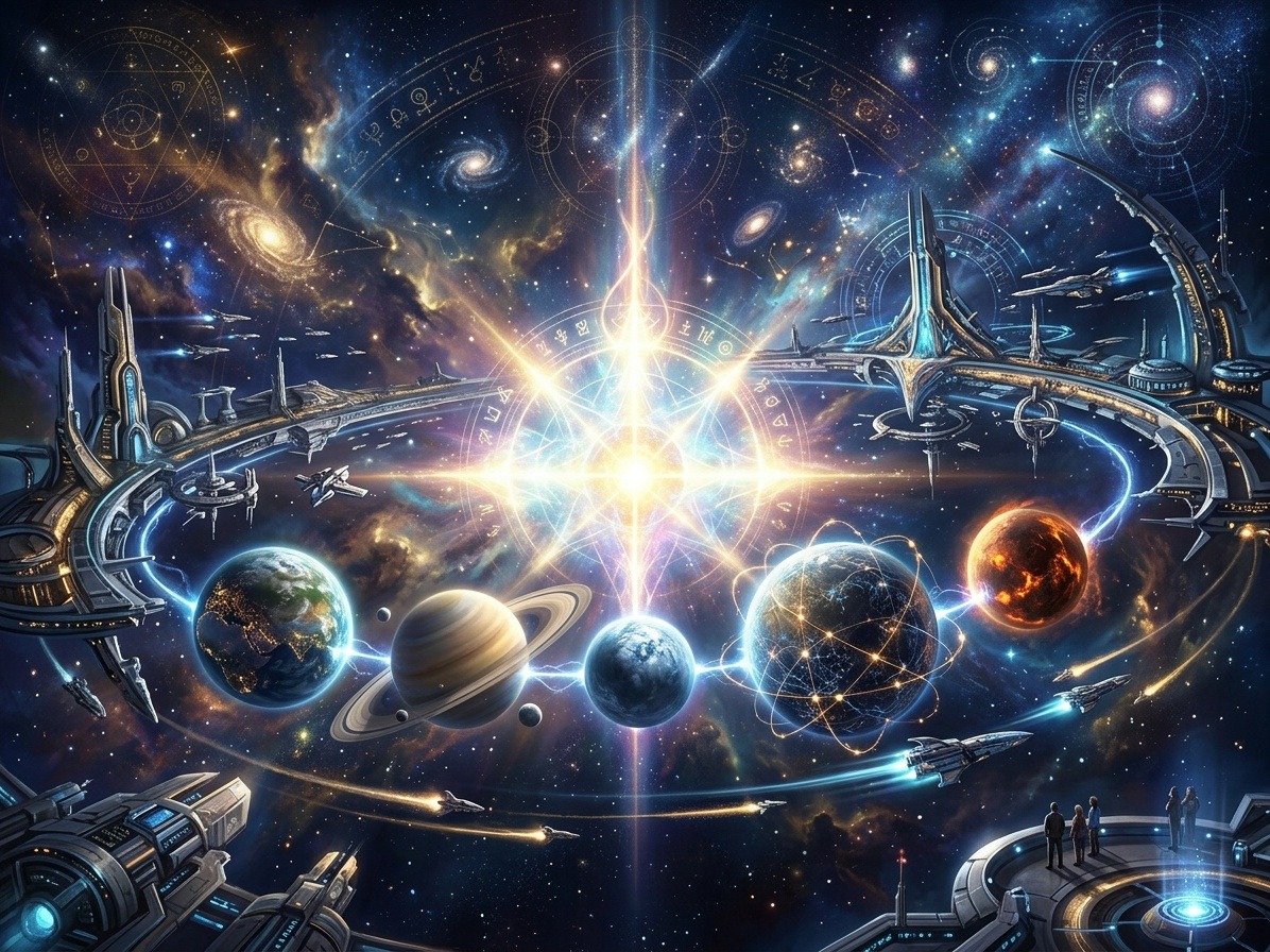 christian science fiction cosmic universe with planets aligned and divine light in Myeem